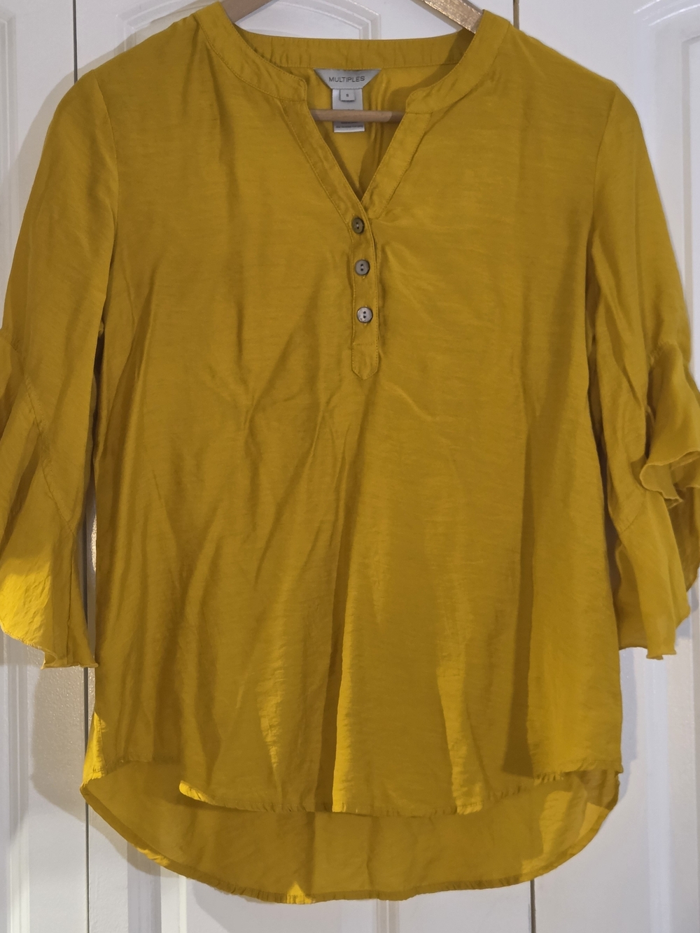 Multiples Womens Top Size S Blouse Mustard Yellow 3/4 Ruffle Bell Sleeve